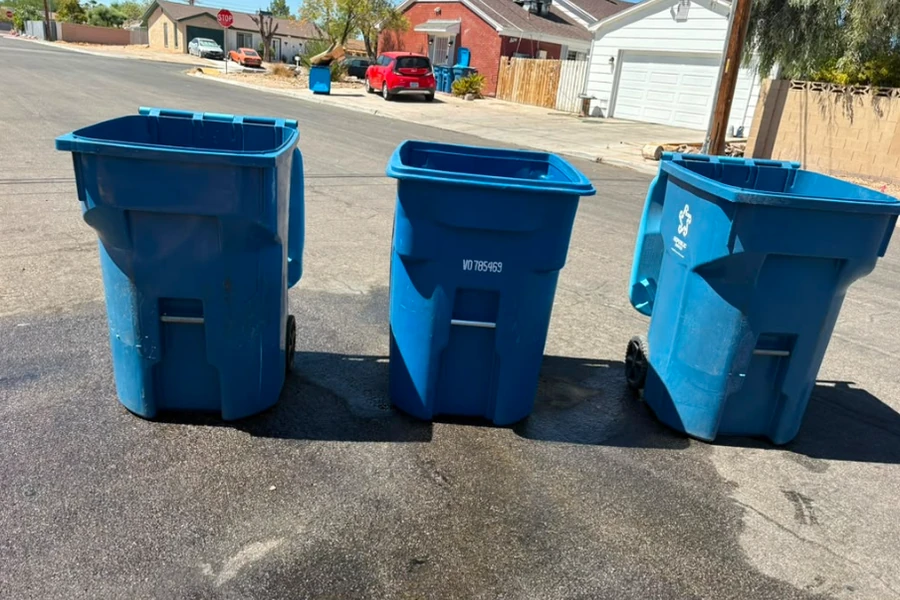 Three clean blue trash bins lined up at the curb after service