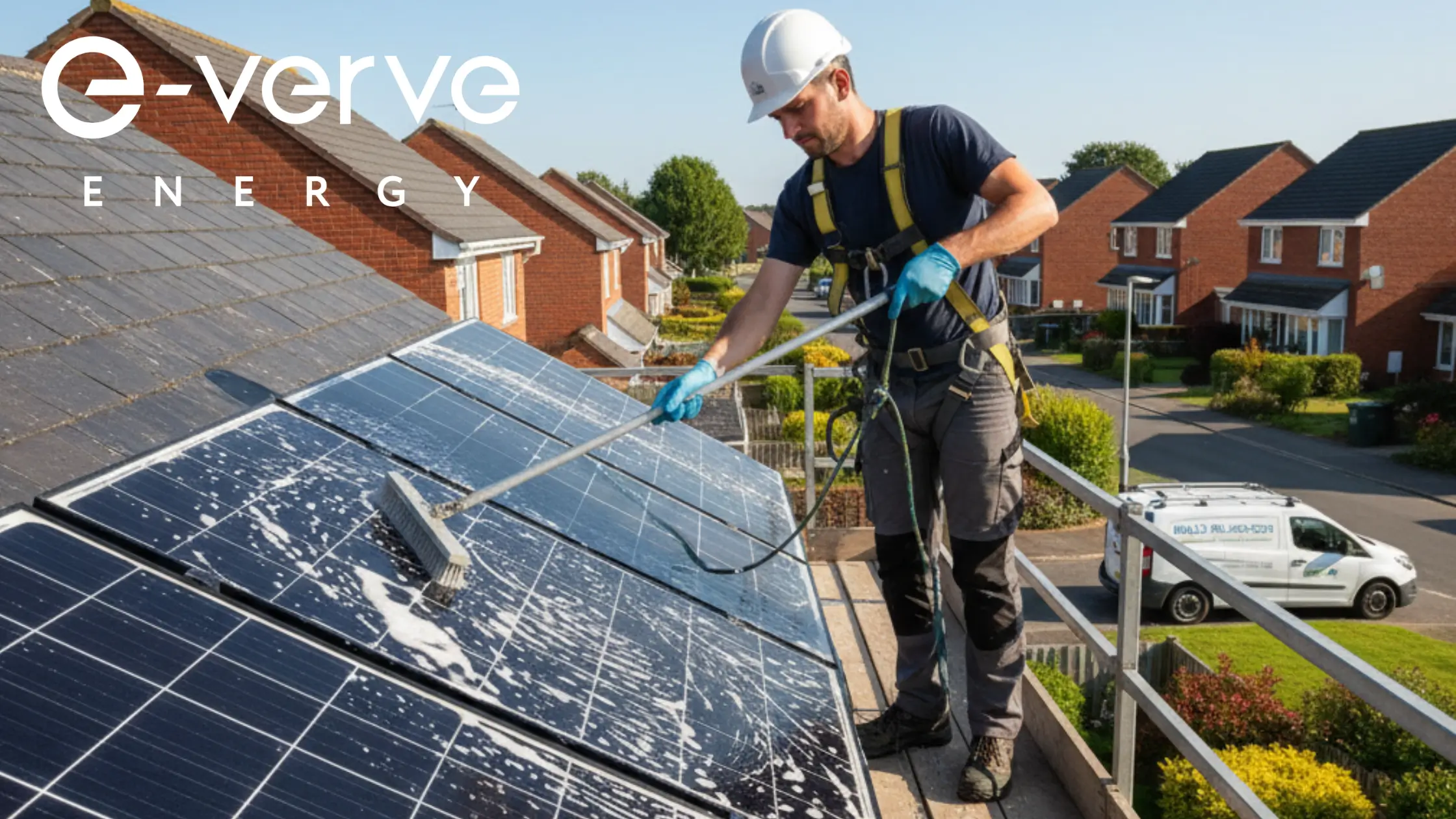 Professional solar panel cleaning service on residential roof