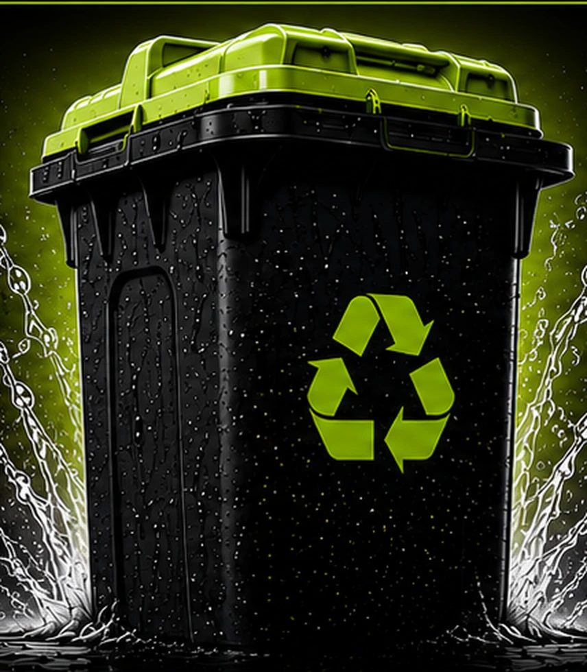 Black and lime green trash bin being deep cleaned with high pressure water by Perez Power Wash
